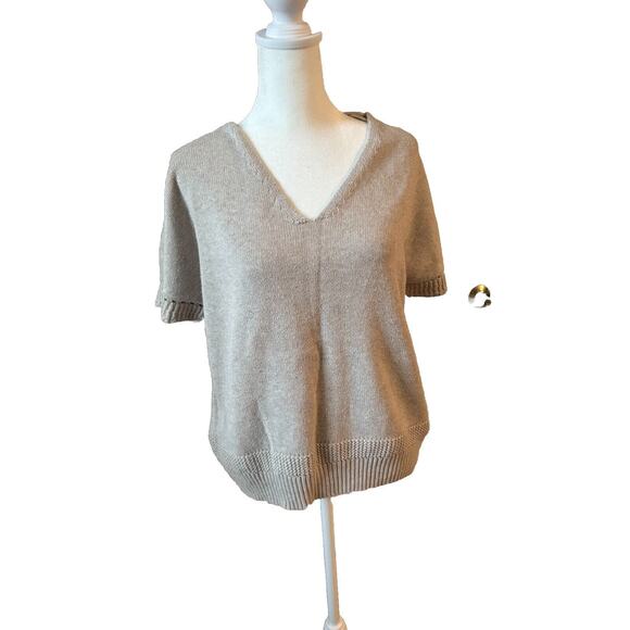 Joie Sweater Women Medium Beige Short Sleeve Knit Cotton V Neck Basic Modern - Picture 1 of 4